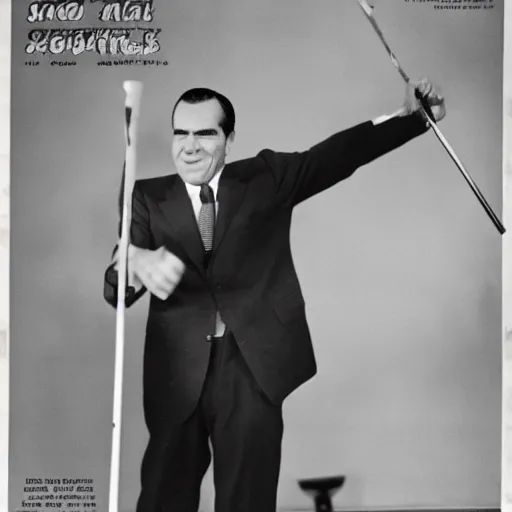 Image similar to Richard Nixon hitting a seal with a club, photojournalism, cover of life magazine