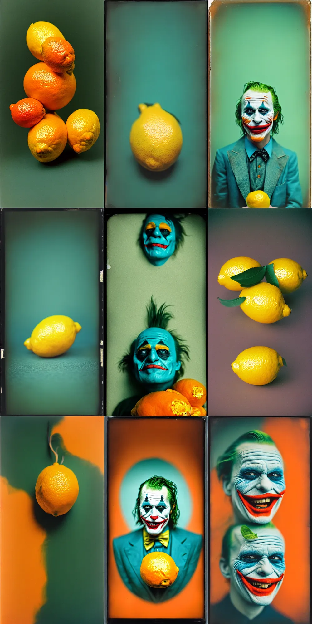 Image similar to kodak portra 4 0 0, wetplate, 8 k, shot of a highly detailed, britt marling style, colour still - life portrait of a lemon looks like 1 9 9 9 joker, teal and orange, muted coloures