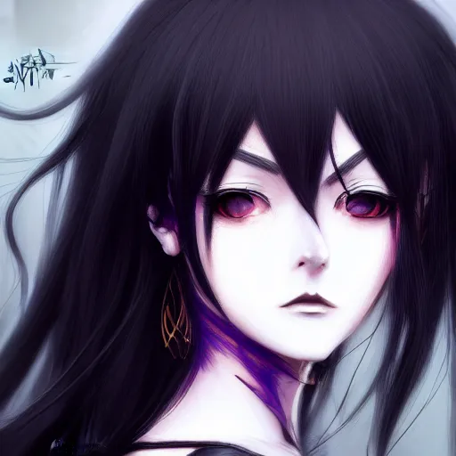 Image similar to front-facing headshot of a young gothic anime woman with black hair and golden highlights, wearing pretty makeup, drawn by WLOP, by Avetetsuya Studios, anime portrait, trending on artstation