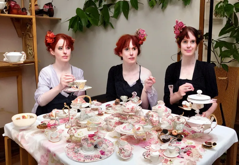 Prompt: calico cat trio enjoying a fancy english tea party, contemporary installation, 2 0 2 2, vernissage photograph