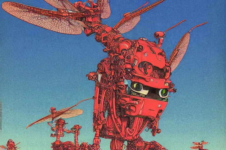 Image similar to gigantic dragonflies with human faces catch tiny robots, a lot of exotic mechas robots around, human heads everywhere, risograph by kawase hasui, dirtyrobot, edward hopper, satoshi kon and moebius, colorful flat surreal design, super - detailed, a lot of tiny details, fullshot