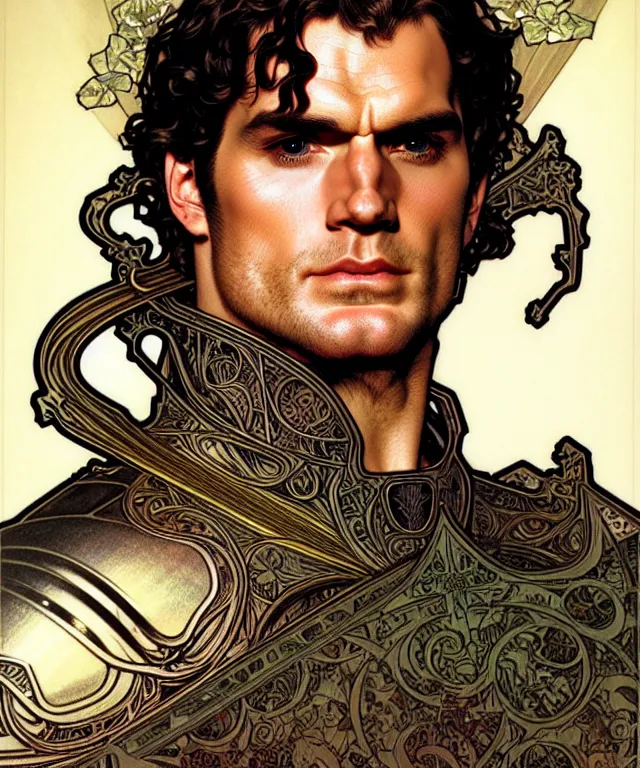 Prompt: realistic detailed face portrait of henry cavill in knight's armor by alphonse mucha, ayami kojima, amano, greg hildebrandt, and mark brooks, male, art nouveau, neo - gothic, gothic