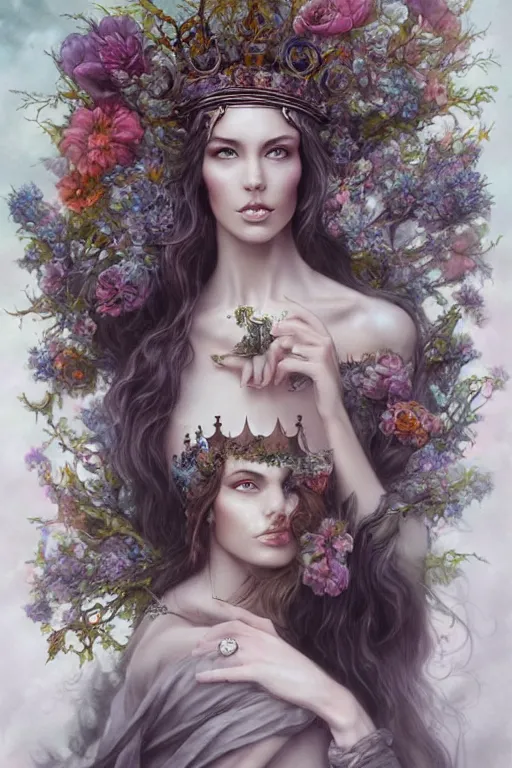 Prompt: portrait matte fine art of the beauty goddess catriona balfe, she has a crown of stunning flowers and gemstones, background full of stormy clouds, by peter mohrbacher