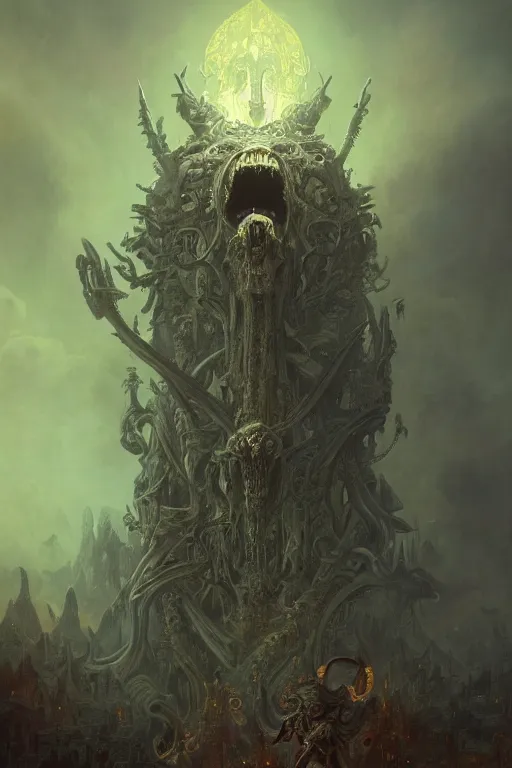 Image similar to evil gigantic demon skeleton lord of death, fantasy painting, ultra realistic, wide angle, art nouveau, intricate details, rainbowshift, vivid colors, highly detailed by peter mohrbacher, h. r. giger, maxfield parrish, gaston bussiere, gustave dore, craig mullins, octane render, cgi