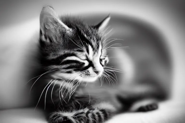 Prompt: sleeping kitten shallow depth of field backlit by a tv