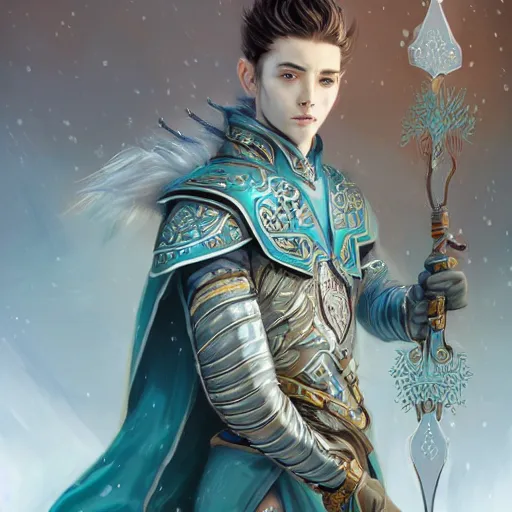 Image similar to half length portrait of a handsome male snow elf in a turquoise cape and silver ornate armour as an archer, albino skin, pale pointed ears, winter vibes, perfect face, elegant, very coherent symmetrical artwork, atmospheric lighting, rule of thirds, by wenjun lin, krenz cushart, charlie bowater, trending on artstation