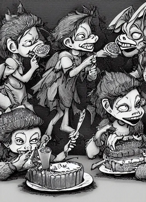 Prompt: fairy tale hobgoblins eating cakes. detailed digital art, trending on Artstation