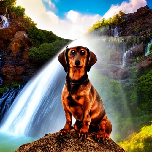 Prompt: black and brown dachshund sitting on top of a hill, waterfall in background, matte painting, cartoon, sunny day, god rays, bokeh