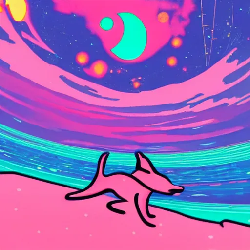 Prompt: Liminal space in outer space, Rad Dog Neon Surf aesthetic