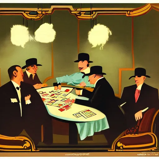 Prompt: fat cats gambling at a table with a single light overhead, dark room, smoke fills the room, roaring 2 0 s american art style