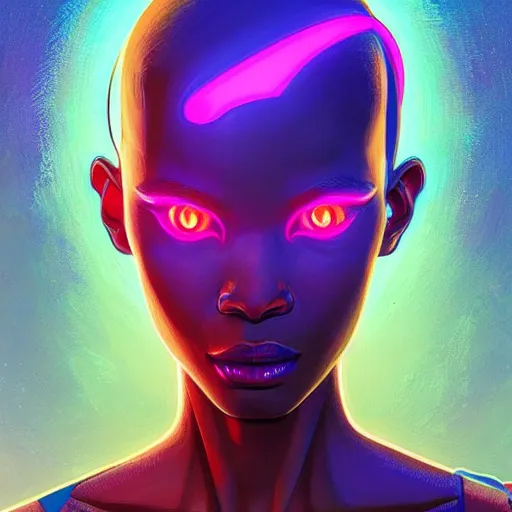 Image similar to african neon necromancer, science fiction, highly detailed, digital painting, beautiful eyes, symmetry, concept art, sharp focus, illustration, global illumination, radiant light, synthwave colors, detailed and intricate environment, art by artgerm and greg rutkowski and magali villeneuve and ilya kuvshinov!