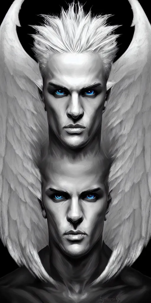 Image similar to portrait of symmetric detailed terrifying male - angel with white hair with detailed white wings flying in black smoke, ultra realistic, epic, highly detailed, hd, sharp focus, cinematic lighting, realistic, vivid colors, gritty, matt painting, digital art, non blurry, sharp, artstation, concept art, smooth, illustration.