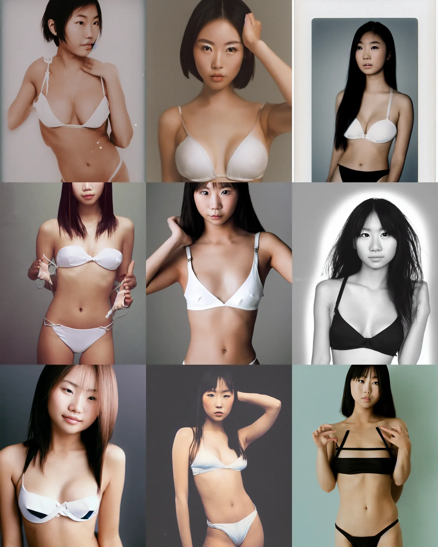 Prompt: Worksafe. 2000s, 8K HD professional studio photo close-up face of a young beautiful gorgeous cute Japanese woman posing at white barble room, wearing bikini bra. At Behance and Instagram, taken with polaroid kodak portra. Photoshop, Adobe Lightroom, After Effects