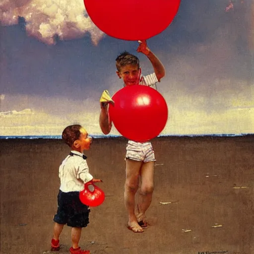 Image similar to a painting by Norman Rockwell of a young boy holding a red balloon at the beach, with dramatic clouds over the sea