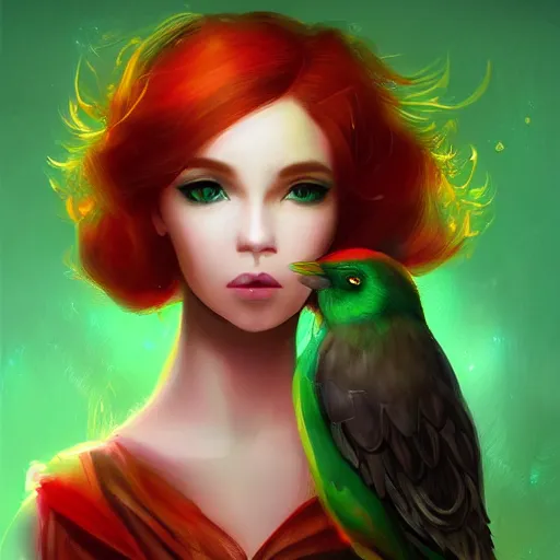 Prompt: a beautiful stunning fantasy whimsical matte digital portrait illustration of a pretty womam with bright green eyes and fiery red hair with a green bird on her shoulder, in the style of Ross Tran, trending on artstation, contest winner