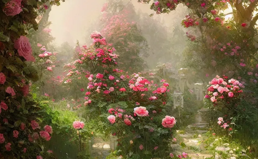 Prompt: a beautiful painting of a rose garden, Greg Rutkowski, digital art