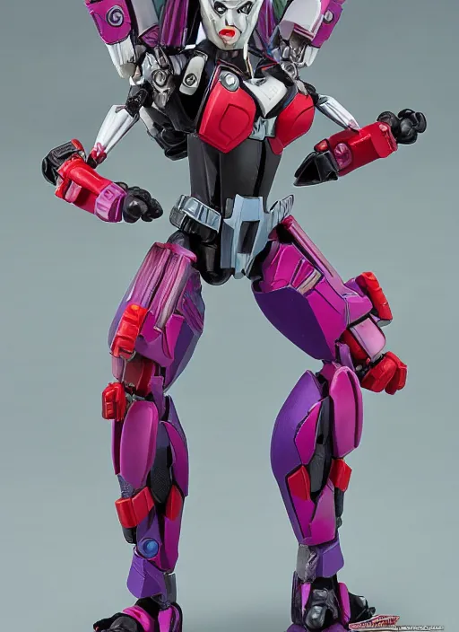 Prompt: Transformers Decepticon Harley Quinn action figure from Transformers: Beast Wars (1996), symmetrical details, by Hasbro, Takaratomy, tfwiki.net photography, product photography, official media