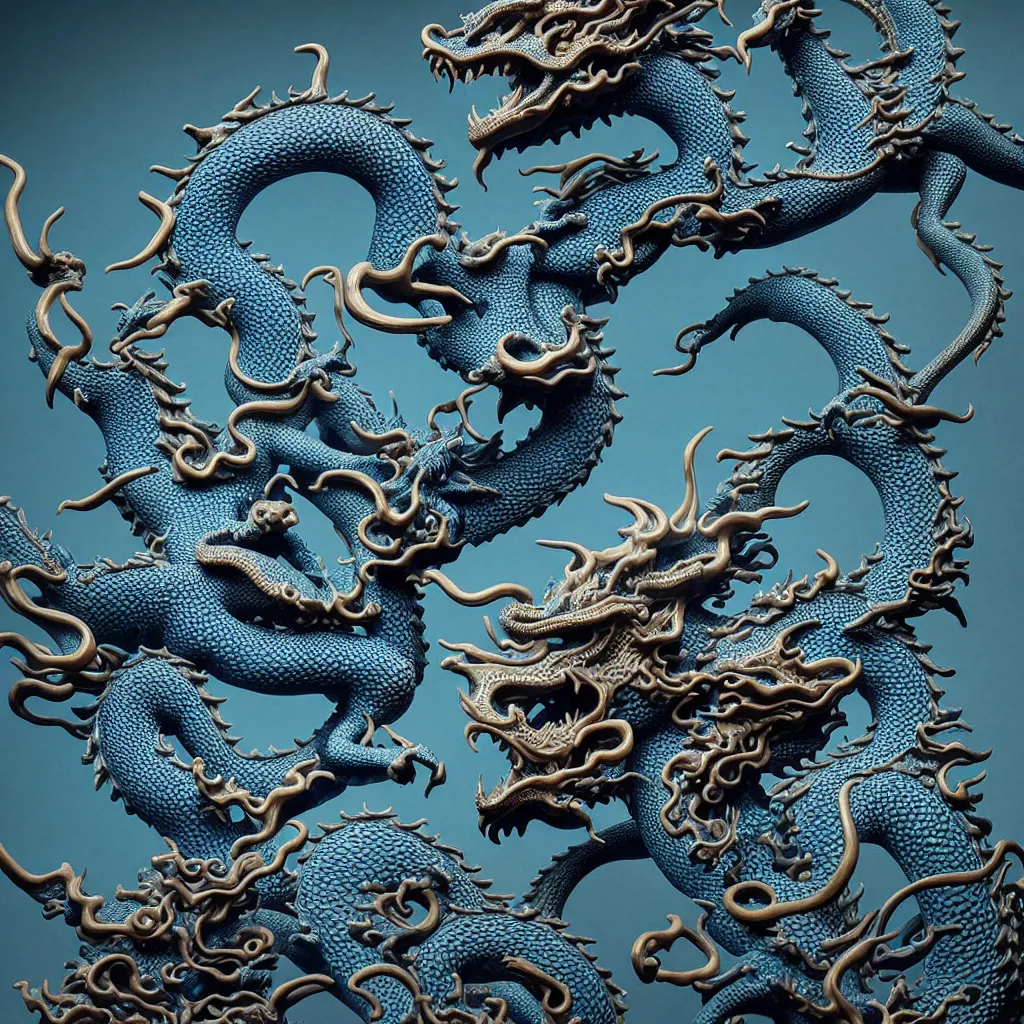 Image similar to a closeup photo - real delicate ceramic porcelain sculpture of an ornate detailed dragons fighting in front of a intricate background by victo ngai and takato yamamoto, micro detail, backlit lighting, subsurface scattering, translucent, thin porcelain, octane renderer, black and neon blue, physically based rendering, japanese pottery, trending on cgsociety