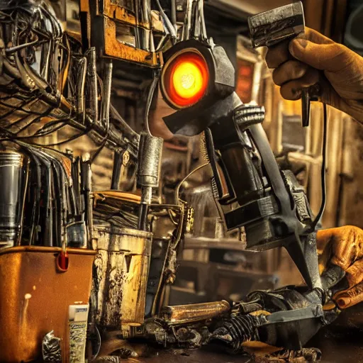 Image similar to half rusted old egg beater half stun - gun, balding older cyborg repairing, red hot soldering iron, dark messy smoke - filled cluttered workshop, dark, dramatic lighting, orange tint, cinematic, highly detailed, sci - fi, futuristic, movie still from blade runner