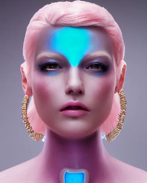 Prompt: natural light, soft focus portrait of an androgynous android with soft synthetic pink skin, blue bioluminescent plastics, smooth shiny metal, elaborate diamond ornate head piece, piercings, face tattoo, skin textures, by annie liebovotz, paul lehr,