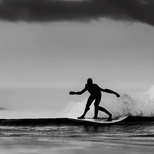 Prompt: a cyborg wearing welding goggles surfs a wave in waimea bay on a 1 0 - foot wooden longboard at sunset, black and white film photograph.