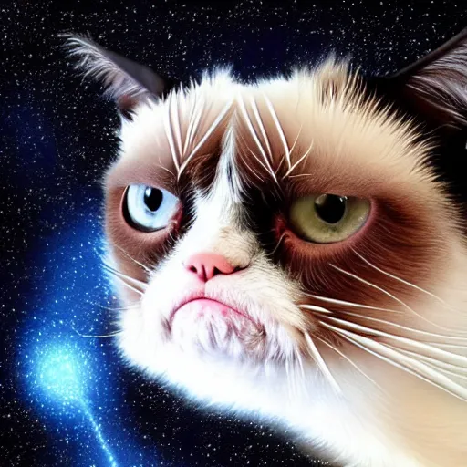 Prompt: grumpy cat's adventures in space, digital painting, trending on artstation, 4 k resolution, highly detailed