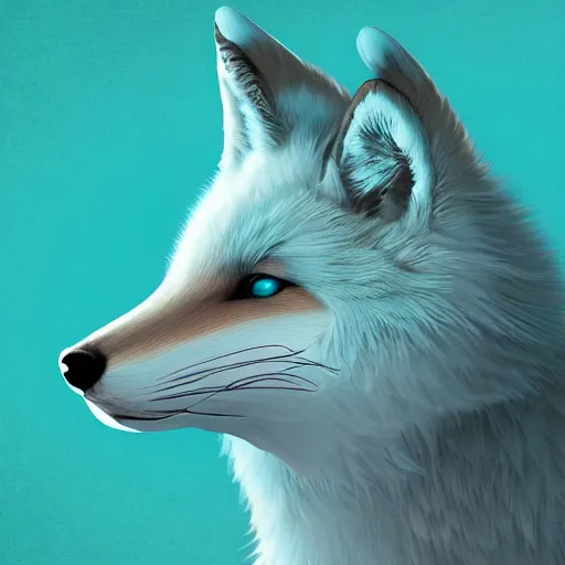 Prompt: digital cyan and white fox, retrowave palette, digital world, highly detailed, electric breeze, anatomically correct vulpine, synth feel, fluffy face, ear floof, flowing fur, super realism, accurate animal imagery, 4 k digital art