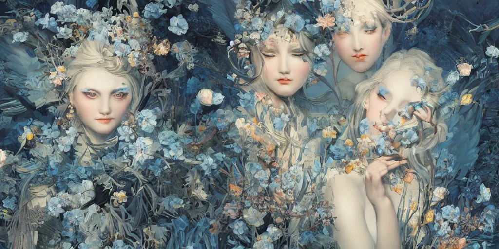 Image similar to breathtaking detailed concept art painting art deco pattern of blonde faces goddesses amalmation light - blue flowers with anxious piercing eyes and blend of flowers and birds, by hsiao - ron cheng and john james audubon, bizarre compositions, exquisite detail, extremely moody lighting, 8 k