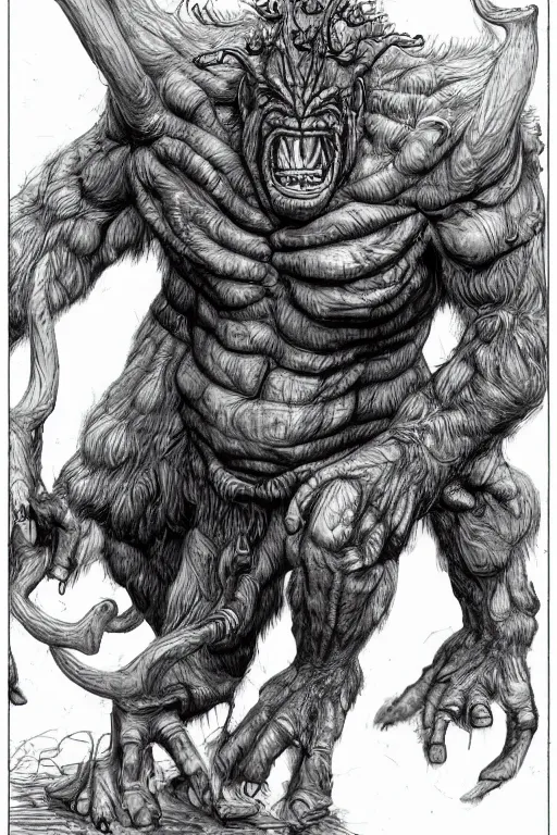 Image similar to humanoid hunched figure troll with 1 horn, ogre, ape, highly detailed, digital art, sharp focus, trending on art station, kentaro miura manga art style