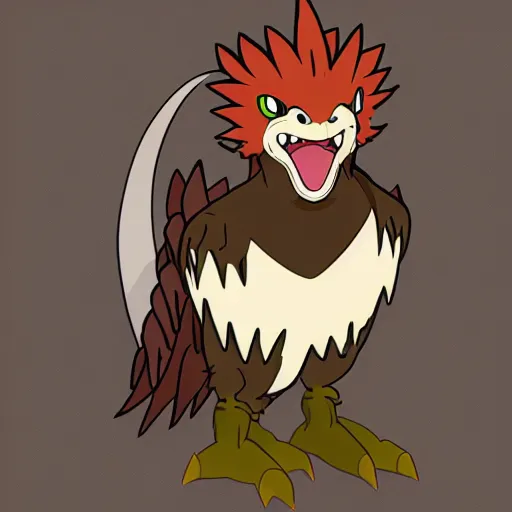 Prompt: medium sized brown feathered wyvern that stands on 2 legs with razor sharp teeth and sharp claws, my hero academia art style