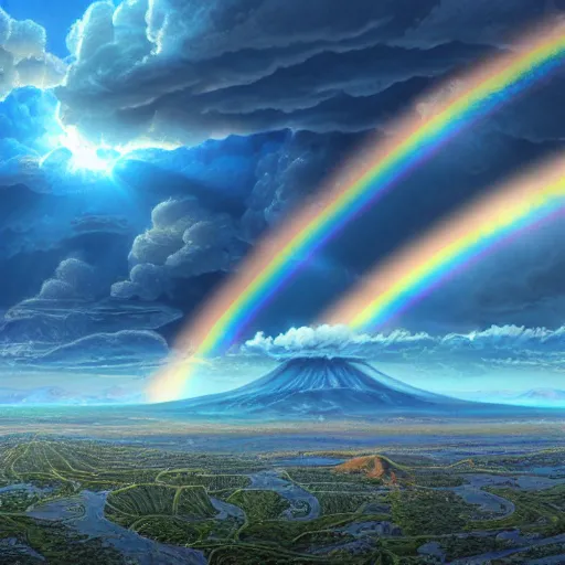 Image similar to a detailed matte painting of noah's ark, double rainbow in a clear blue sky, mount ararat, art by dan mumford and yusuke murata and makoto shinkai and ross tran, cosmic, heavenly, god rays, intricate detail, cinematic, 8 k, cel shaded, unreal engine, featured on artstation, pixiv