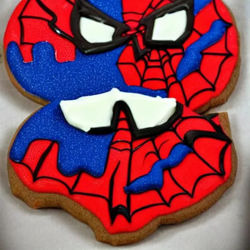 Image similar to spiderman gingerbread cookie detailed tasty frosting red white blue
