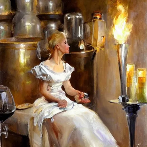 Image similar to beautiful blonde in hot dress in a wine cellar, food, pork, beer, schnapps, rustic, traditional, torches on the wall, acrylic painting by vladimir volegov and anders zorn, highly detailed, beautiful interior, masterpiece