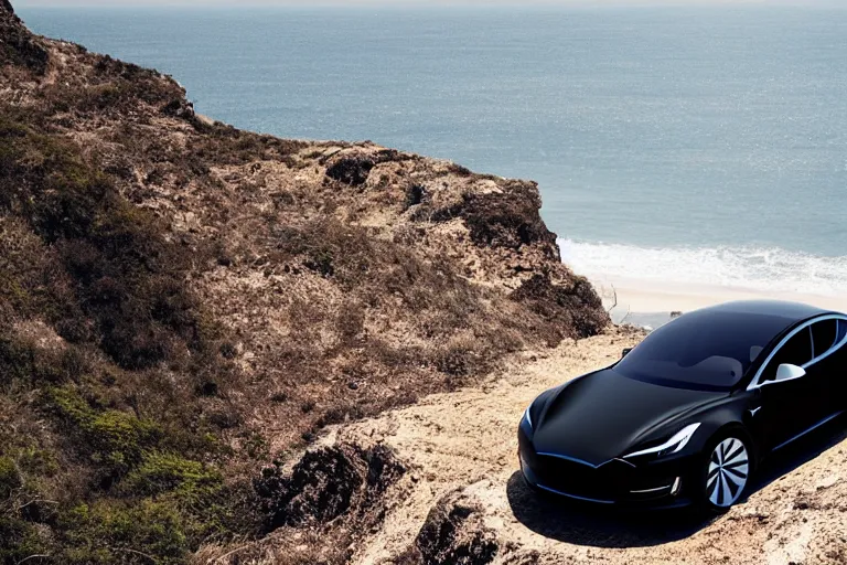 Prompt: photo of a gorgeous black model lounging on a Tesla on a cliff on the ocean By Emmanuel Lubezki
