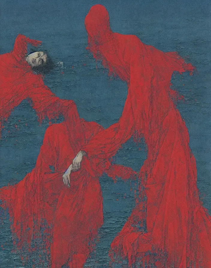 Image similar to worshippers in red robes wading through waves, high detailed beksinski painting, part by adrian ghenie and gerhard richter. art by takato yamamoto. masterpiece, deep colours, blue