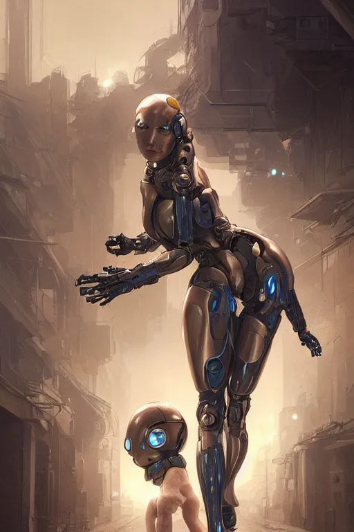 Image similar to Ultra realistic illustration, robot woman carrying a baby, cyberpunk, sci-fi, fantasy, intricate, elegant, highly detailed, digital painting, artstation, concept art, smooth, sharp focus, illustration, art by artgerm and greg rutkowski and alphonse mucha