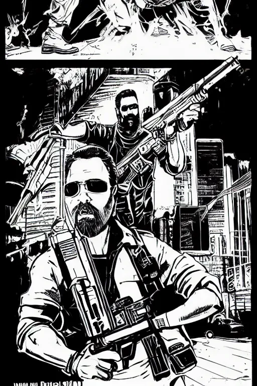 Image similar to billy mays holding a rifle, a page from cyberpunk 2 0 2 0, style of paolo parente, style of mike jackson, adam smasher, johnny silverhand, 1 9 9 0 s comic book style, white background, ink drawing, black and white, colouring pages