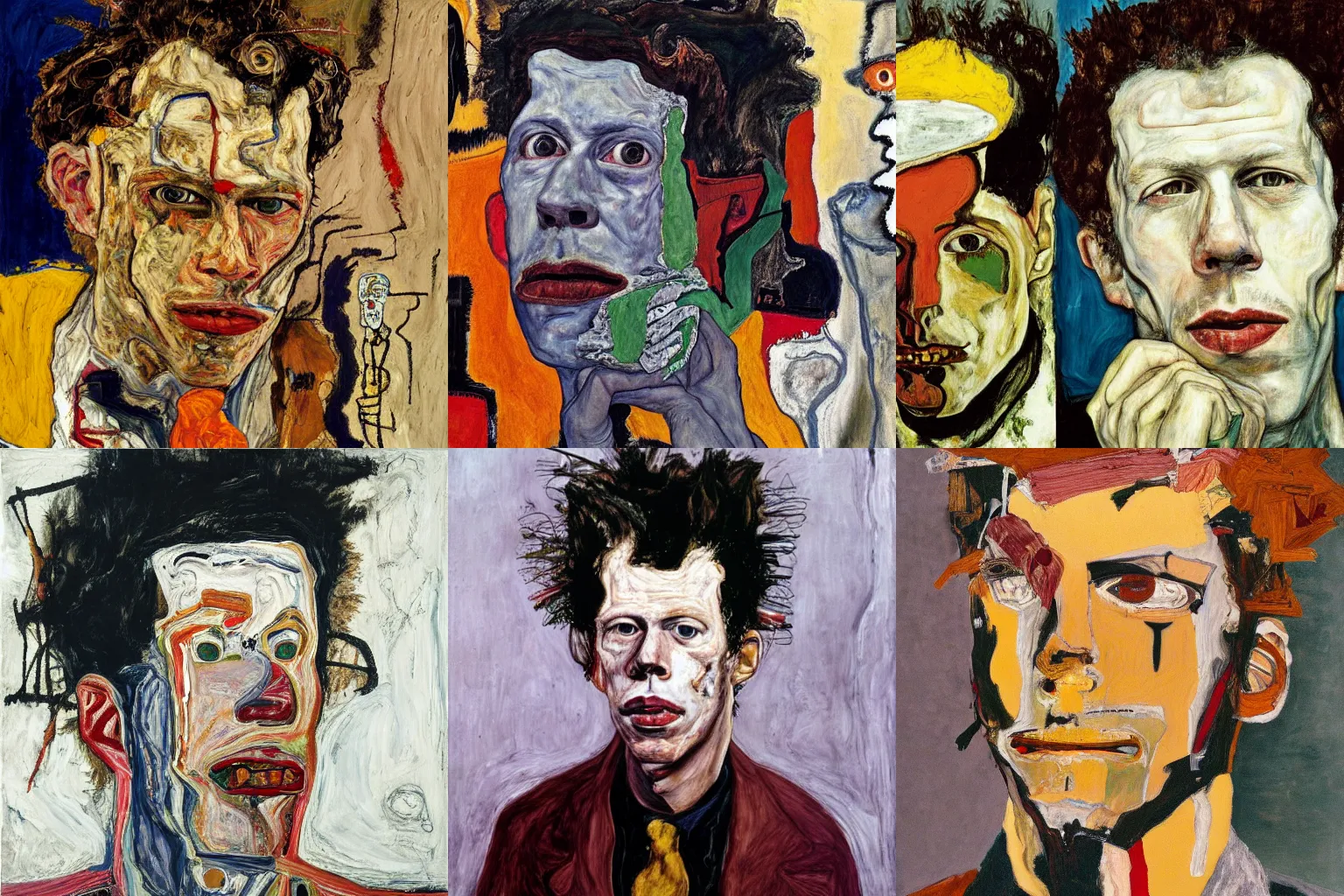 Prompt: oilpainting portrait of tom waits, by lucian freud, by basquiat, by egon schiele
