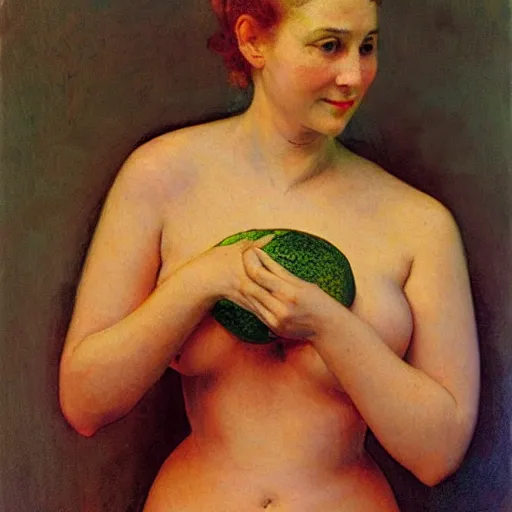 Prompt: A woman holding two melons to her chest, modest, 1950s, americana, award-winning, suburban, by Ilya Repin