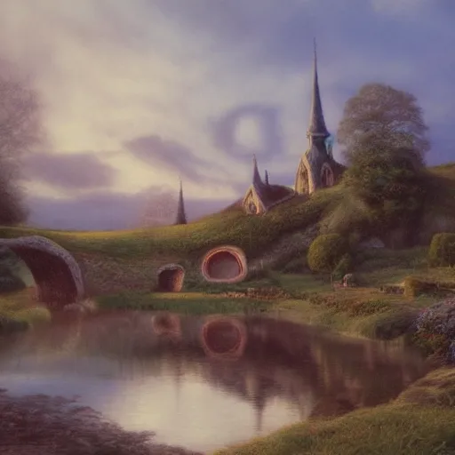 Image similar to Hobbiton by the river at the countryside in the evening, highly detailed matte painting, Alan Lee, Artstation,