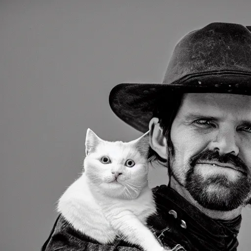 Prompt: close - up photograph of a cowboy holding a cat, black and white, detailed, 8 k, grain, dramatic backlighting