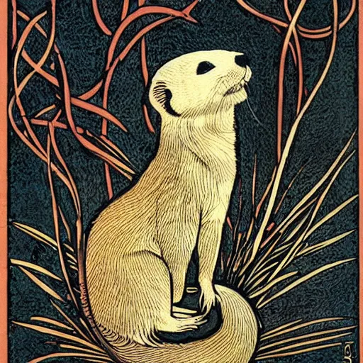 Prompt: a ferret, colored woodcut, poster art, by Mackintosh, art noveau, by Ernst Haeckel