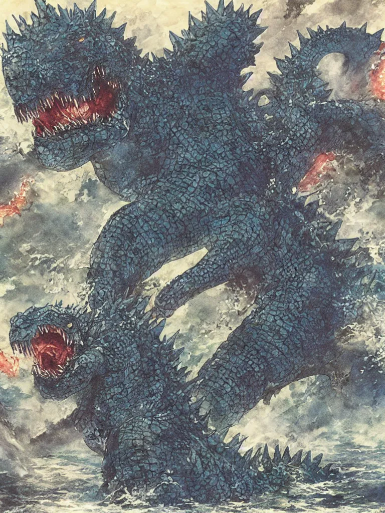 Prompt: Godzilla emerging from the sea to destroy a city as illustrated by Yoshitaka Amano. 1991. Watercolor and Acrylic on Paper