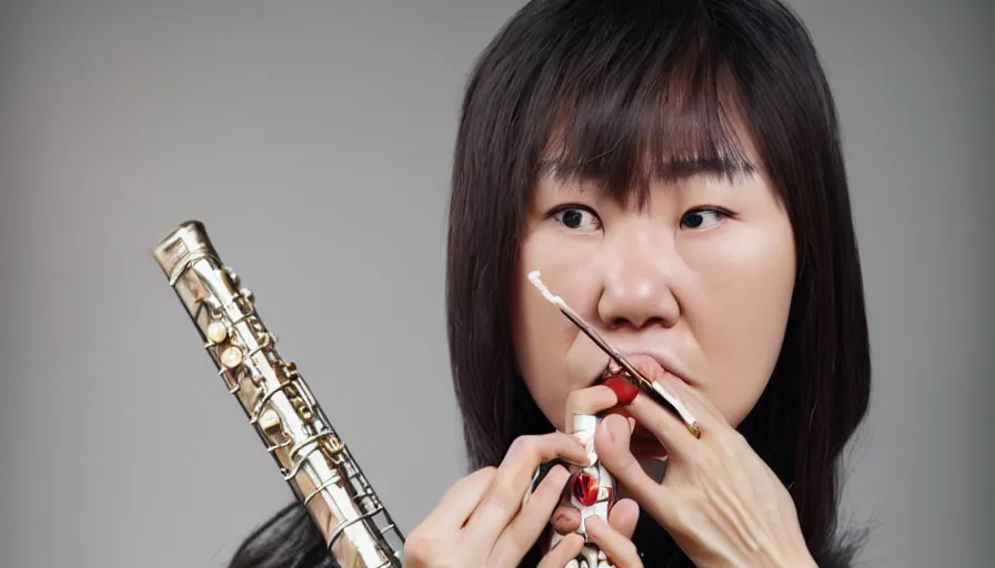 Prompt: Photo of a Korean woman playing a recorder with her nose. In the style of Dmitry Ageev