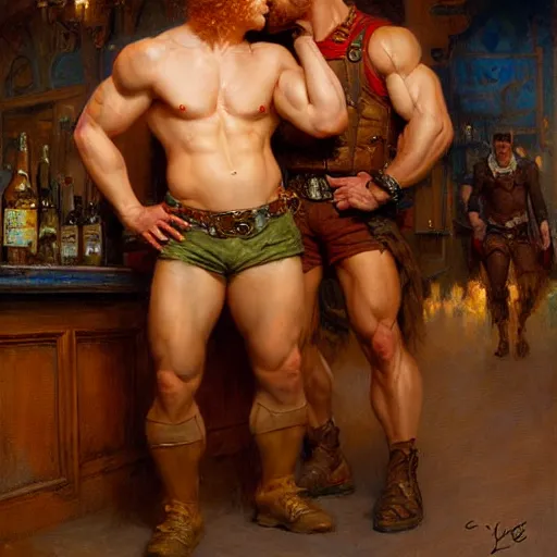 Image similar to attractive muscular mike with ginger hair with muscular attractive tyler with brunet hair, drinking their hearts out, in a pub. very defined and highly detailed painting by gaston bussiere, craig mullins, j. c. leyendecker 8 k