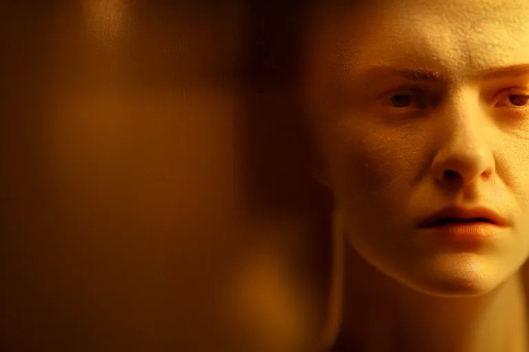 Image similar to an ultra realistic, cinematic, close up portrait, of a young woman, fire, dramatic, soft light, dreamy, facial features, stood in a cell, with prison clothing, detailed, deep focus, movie still, dramatic lighting, ray tracing, by michal karcz and yoshitaka and david cronenberg