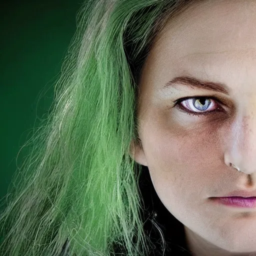 Prompt: a computer generated image resembling a color photograph of a woman with deep set grey eyes and green hair