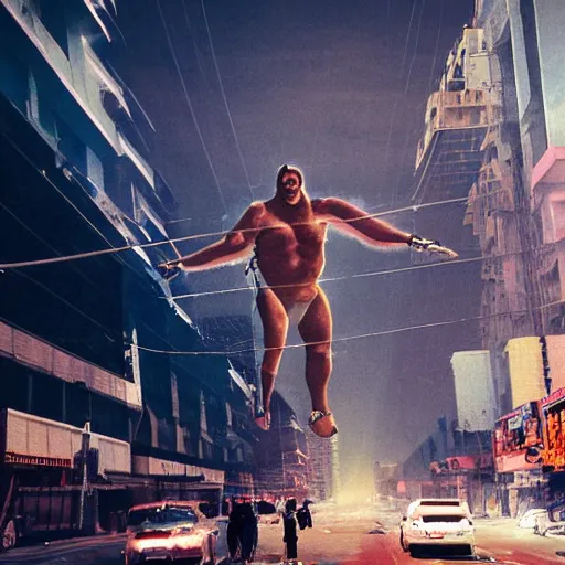 Prompt: gigantic building hovering above a city, long thick cables and trash hanging from underneath, smoke and thick dust in the air, rays of light, neon billboards and dried palmtrees in the streets, a mutant wrestler in fighter pose levitates in the center of the epic scene, scifi, illustration