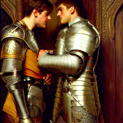 Image similar to attractive fully clothed arthur pendragon confesses his love for his attractive fully clothed male knight. highly detailed painting by gaston bussiere and j. c. leyendecker 8 k