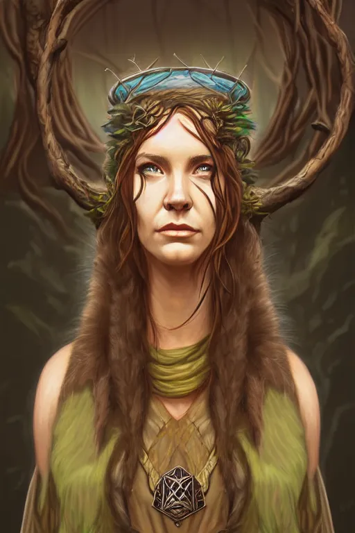 Prompt: head and shoulders portrait of a druid, female, high fantasy, dnd, art by matt dixon